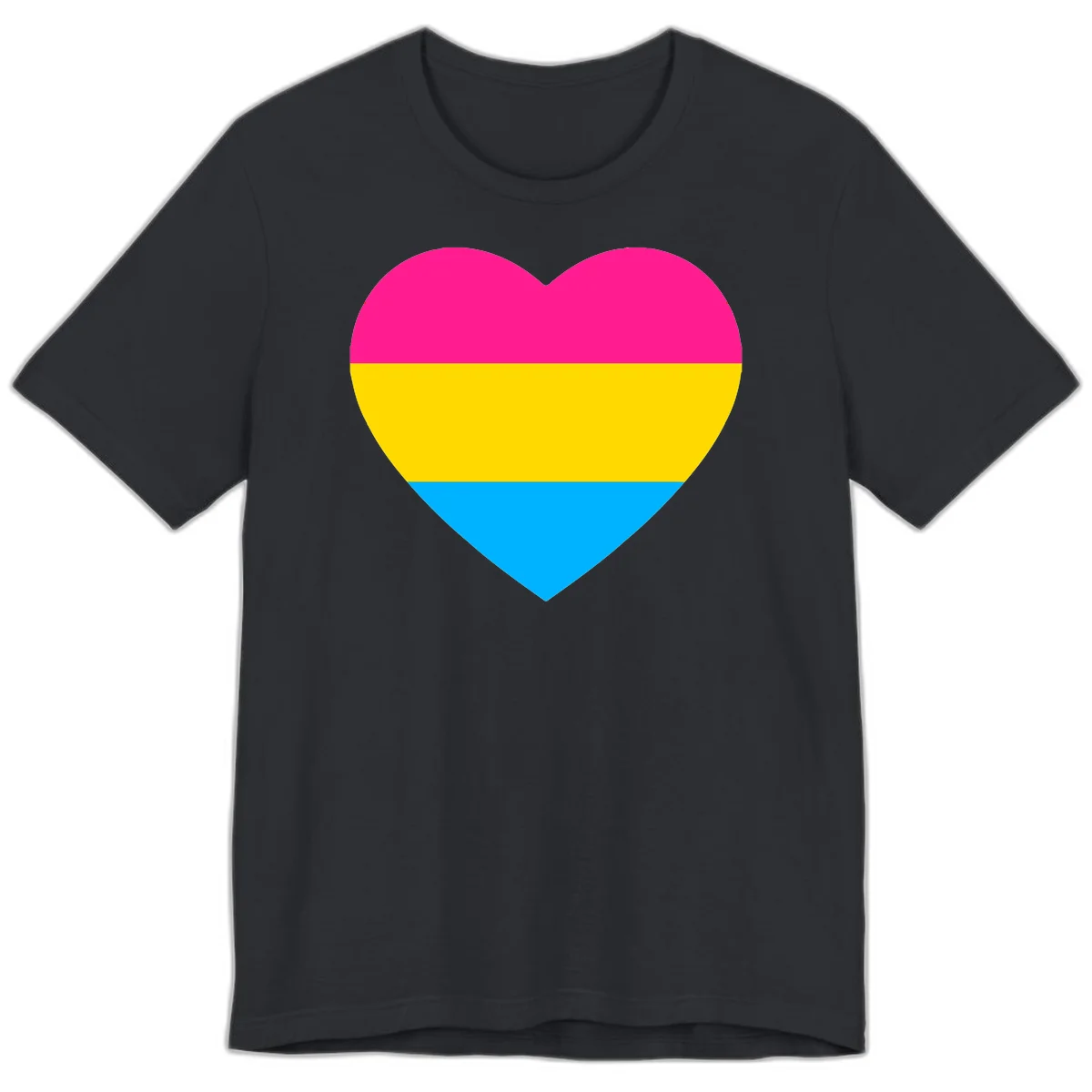Pansexual pride heart with magenta, yellow, and cyan horizontal stripes on gray background in Vintage Black
