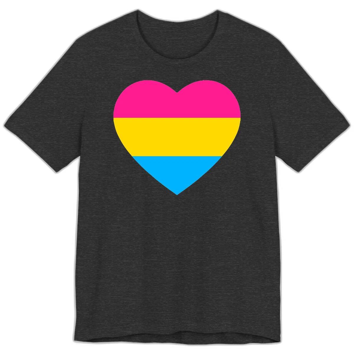 Pansexual pride heart with magenta, yellow, and cyan horizontal stripes on gray background in Dark Grey Heather
