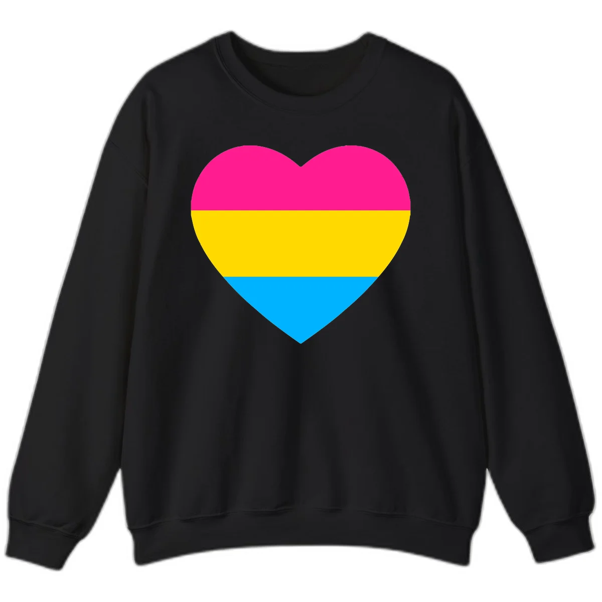 Pansexual pride heart with magenta, yellow, and cyan horizontal stripes on gray background in Black