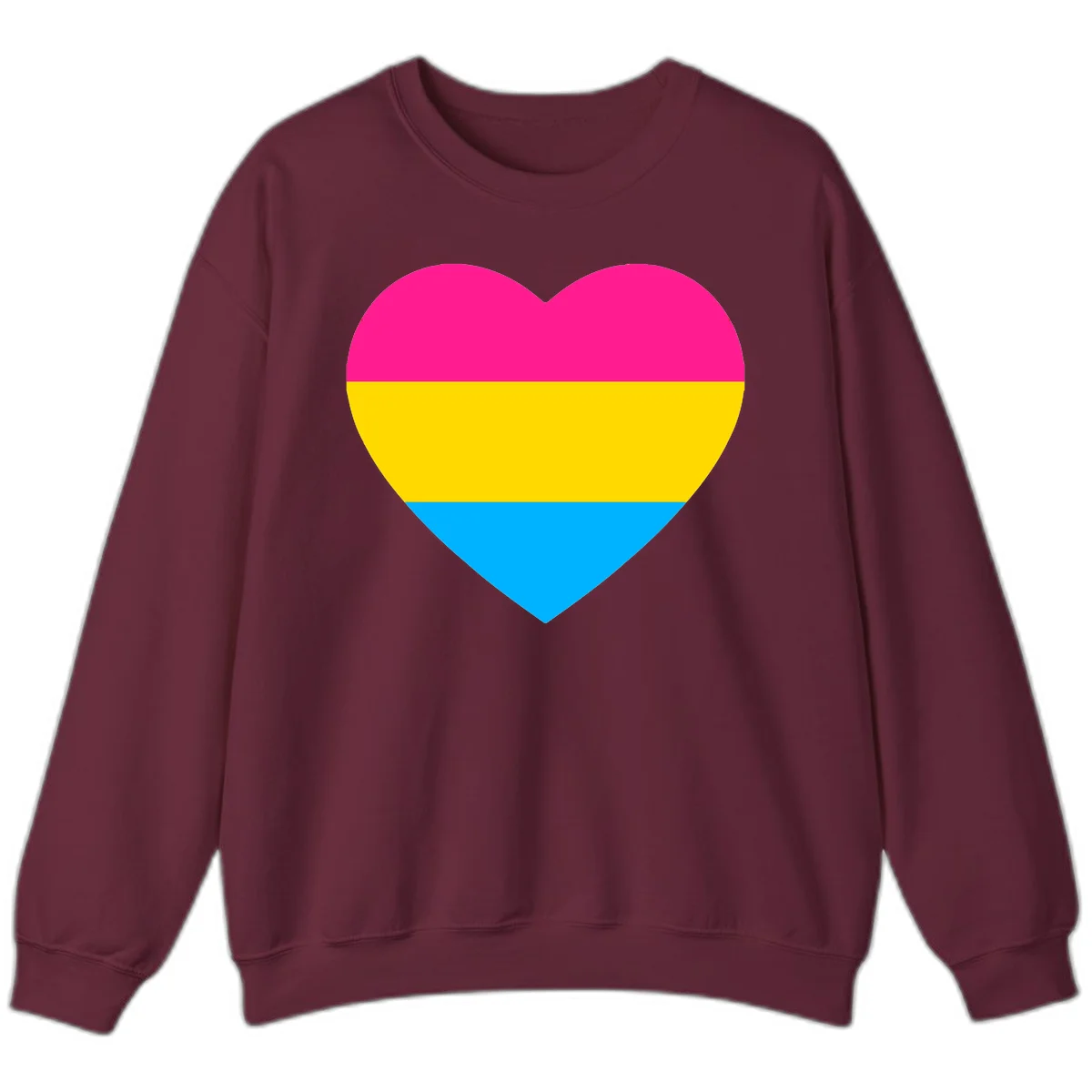 Pansexual pride heart with magenta, yellow, and cyan horizontal stripes on gray background in Maroon