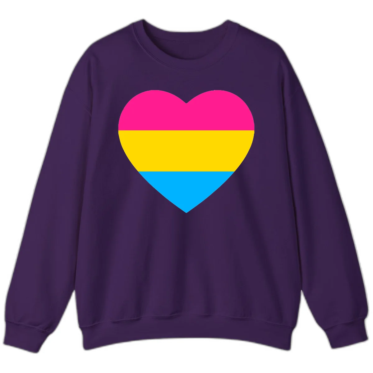 Pansexual pride heart with magenta, yellow, and cyan horizontal stripes on gray background in Purple