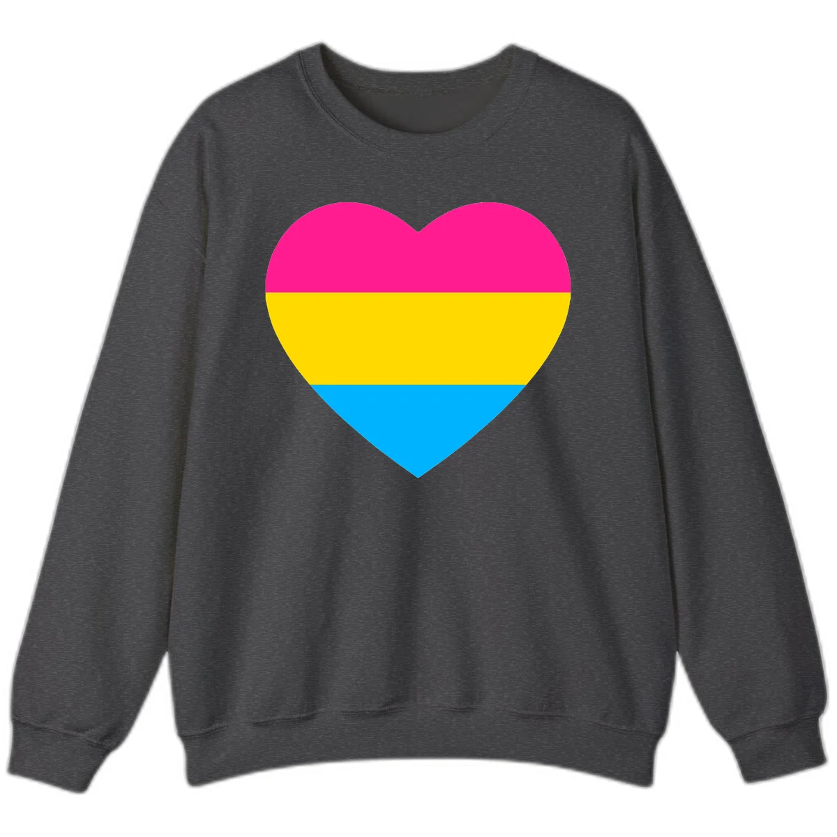 Pansexual pride heart with magenta, yellow, and cyan horizontal stripes on gray background in Dark Heather