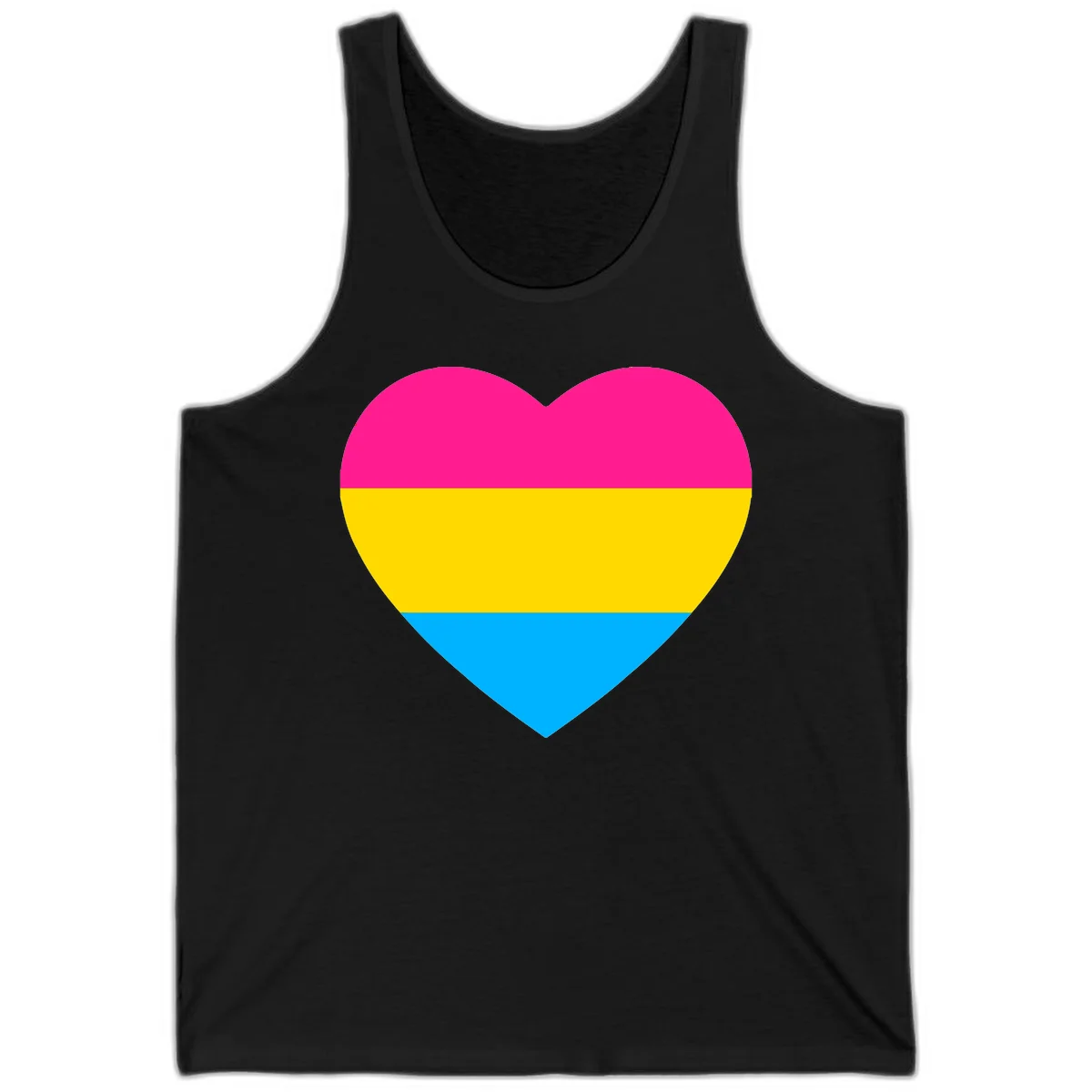 Pansexual pride heart with magenta, yellow, and cyan horizontal stripes on gray background in Black