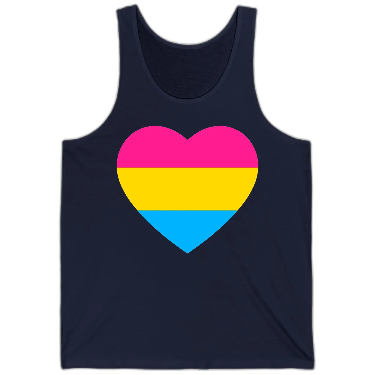 Pansexual pride heart with magenta, yellow, and cyan horizontal stripes on gray background in Navy