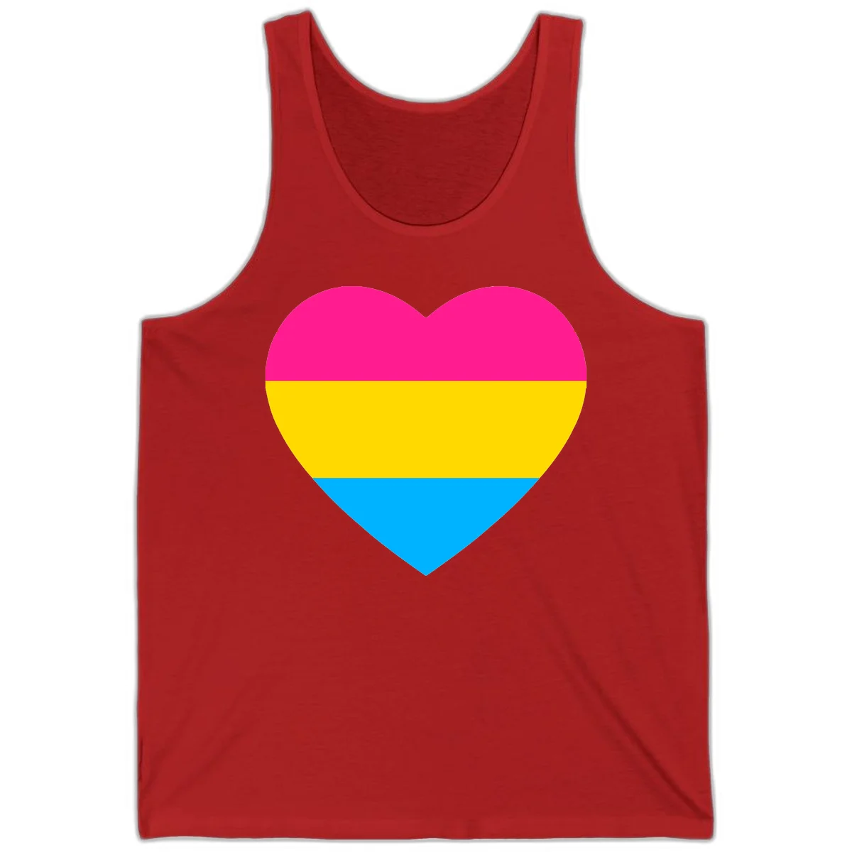 Pansexual pride heart with magenta, yellow, and cyan horizontal stripes on gray background in Red