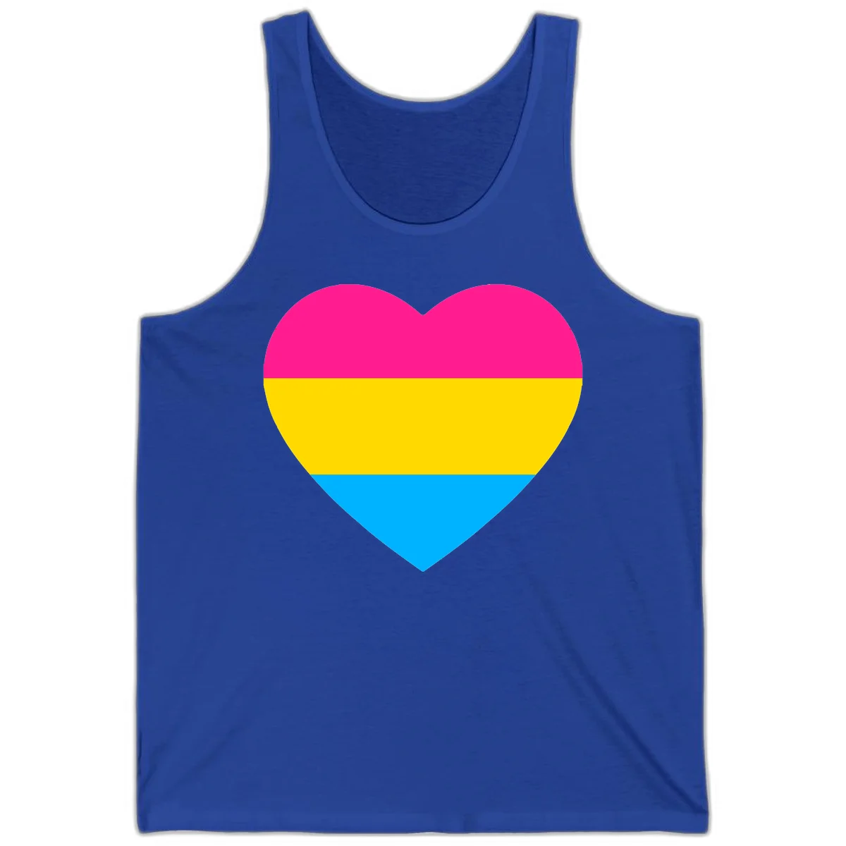 Pansexual pride heart with magenta, yellow, and cyan horizontal stripes on gray background in True Royal