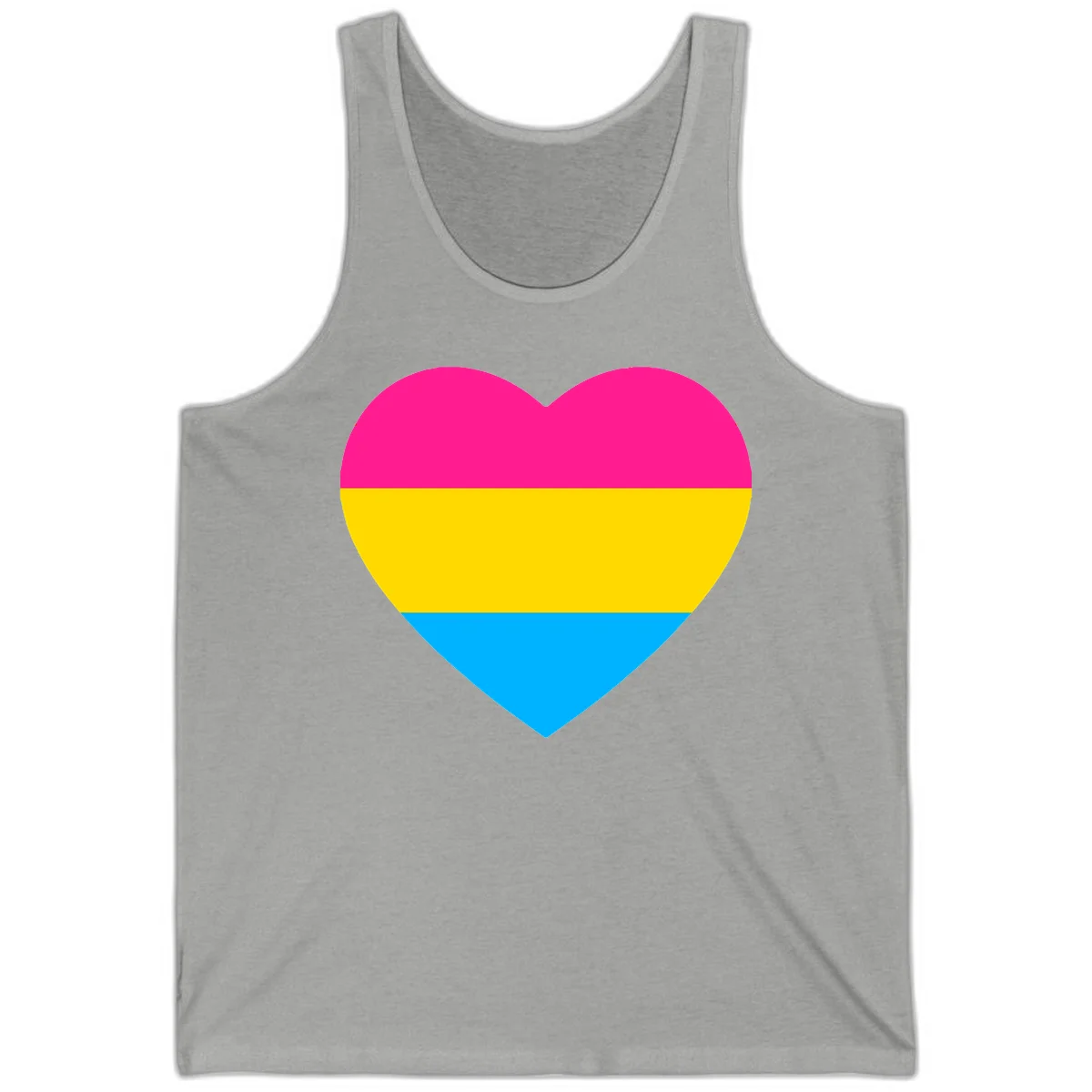 Pansexual pride heart with magenta, yellow, and cyan horizontal stripes on gray background in Athletic Heather