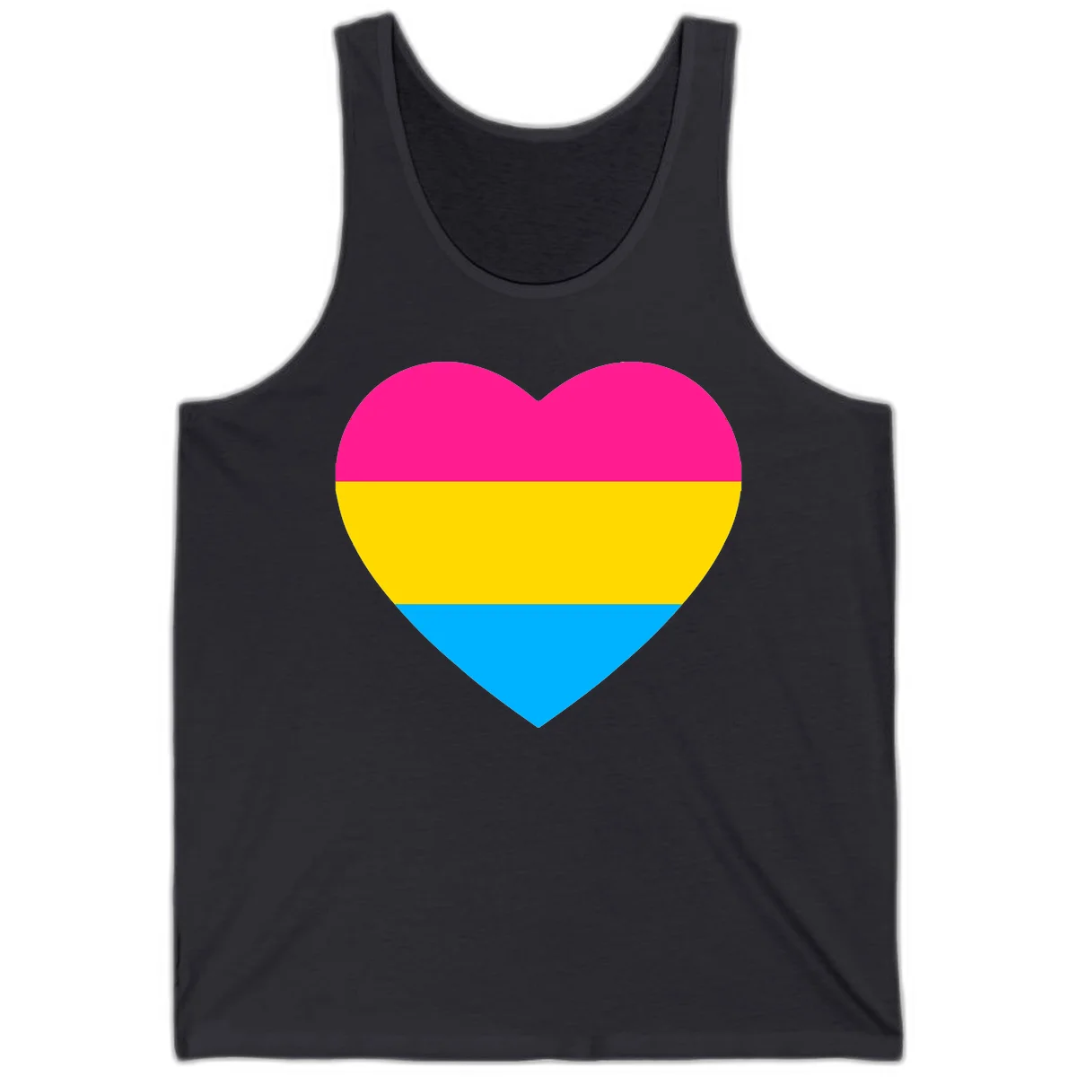 Pansexual pride heart with magenta, yellow, and cyan horizontal stripes on gray background in Dark Grey