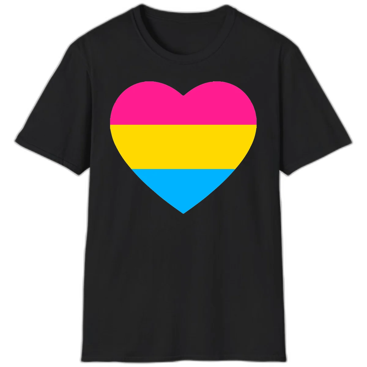 Pansexual pride heart with magenta, yellow, and cyan horizontal stripes on gray background in Black