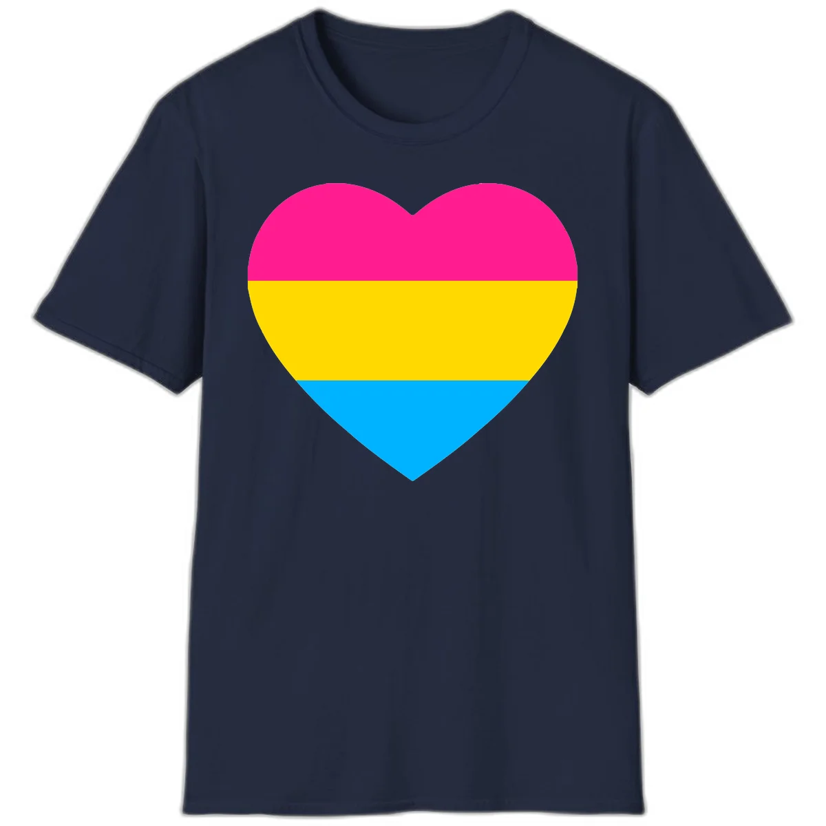 Pansexual pride heart with magenta, yellow, and cyan horizontal stripes on gray background in Navy