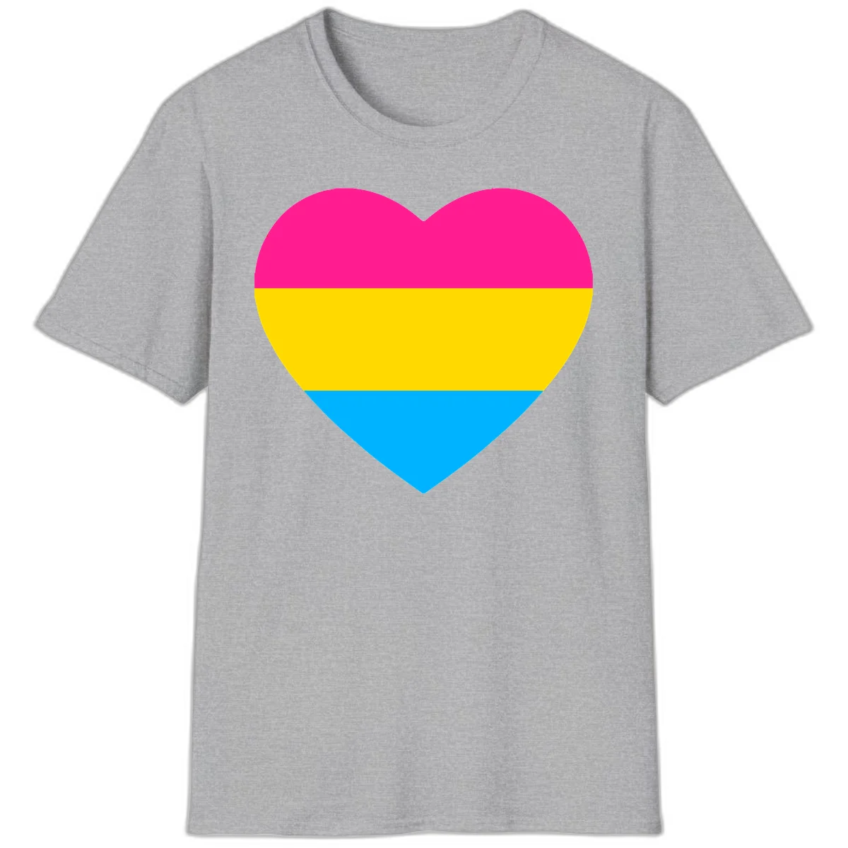 Pansexual pride heart with magenta, yellow, and cyan horizontal stripes on gray background in Sport Grey