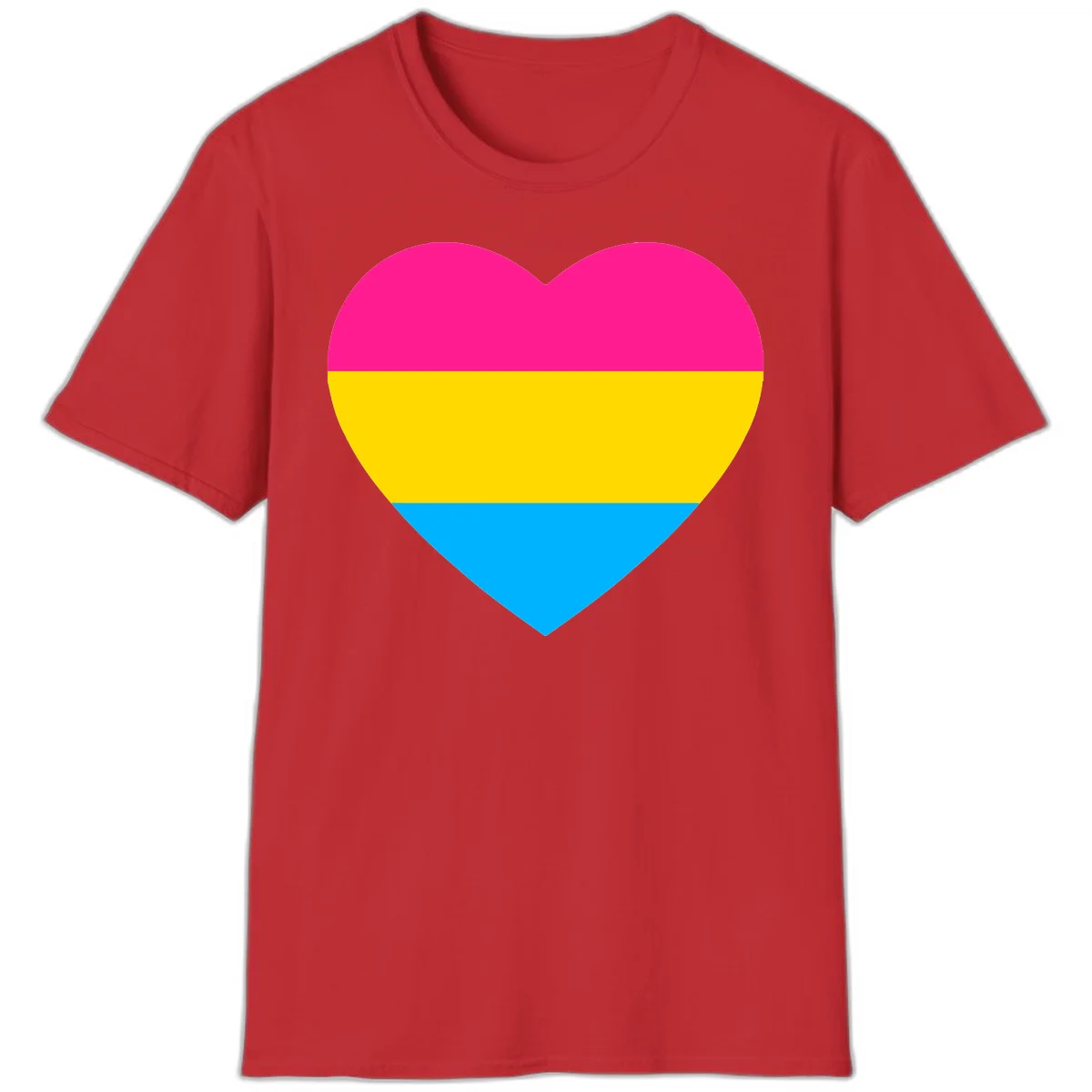 Pansexual pride heart with magenta, yellow, and cyan horizontal stripes on gray background in Red
