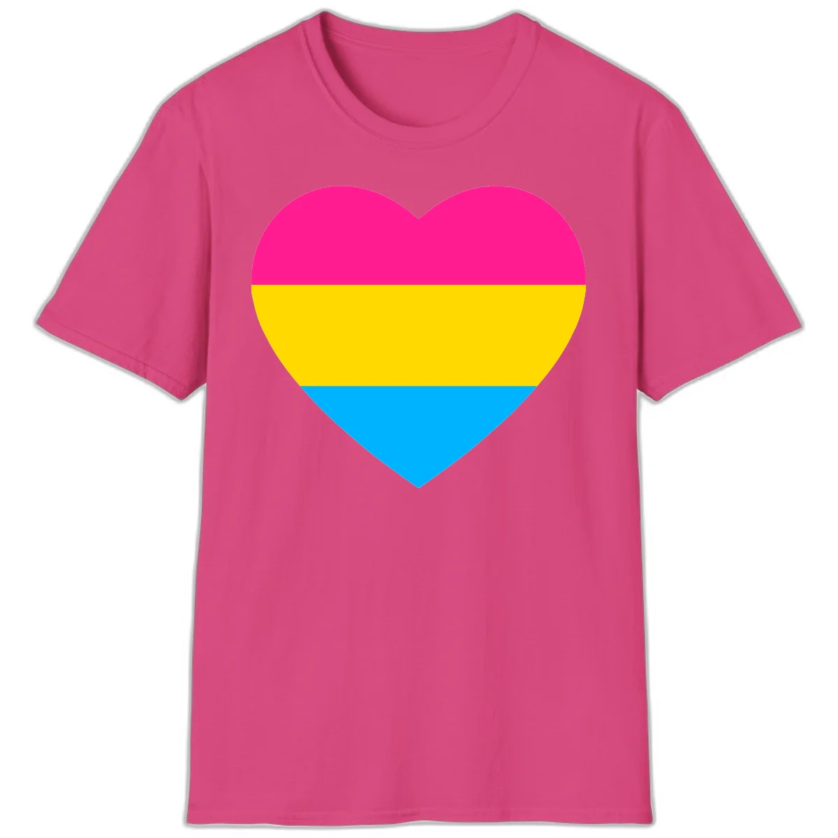 Pansexual pride heart with magenta, yellow, and cyan horizontal stripes on gray background in Heliconia