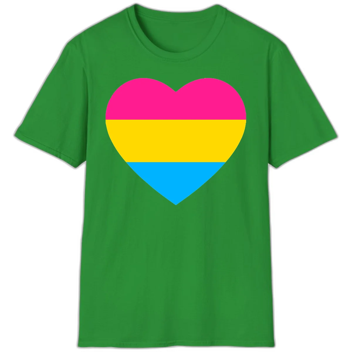 Pansexual pride heart with magenta, yellow, and cyan horizontal stripes on gray background in Irish Green
