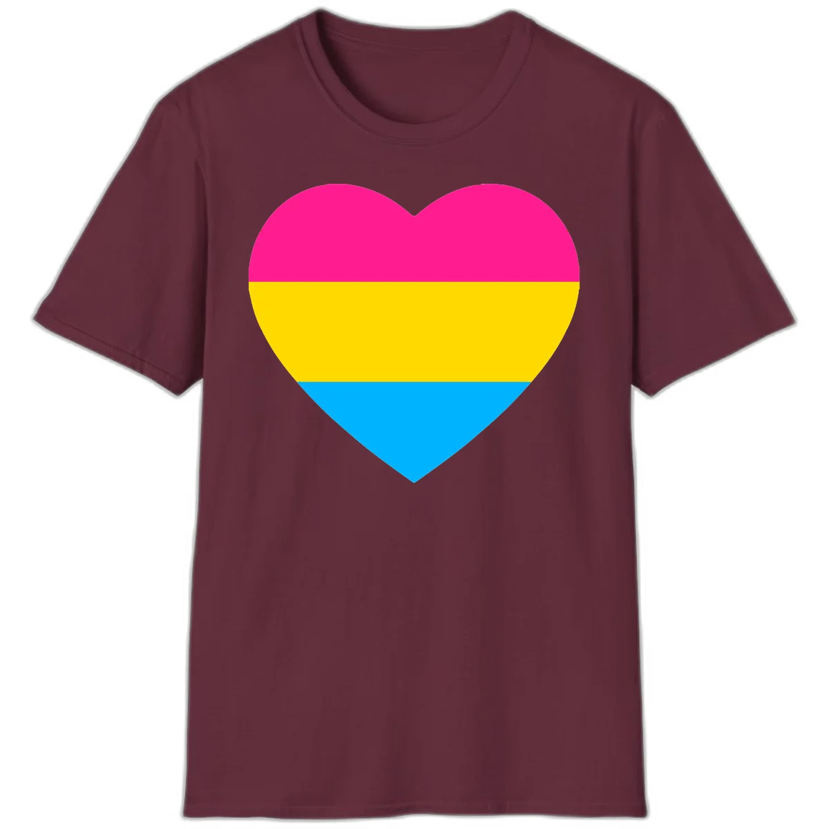 Pansexual pride heart with magenta, yellow, and cyan horizontal stripes on gray background in Maroon