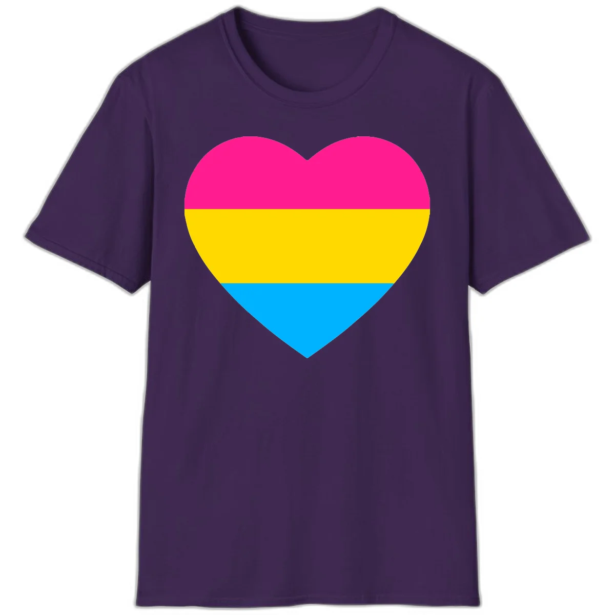 Pansexual pride heart with magenta, yellow, and cyan horizontal stripes on gray background in Purple