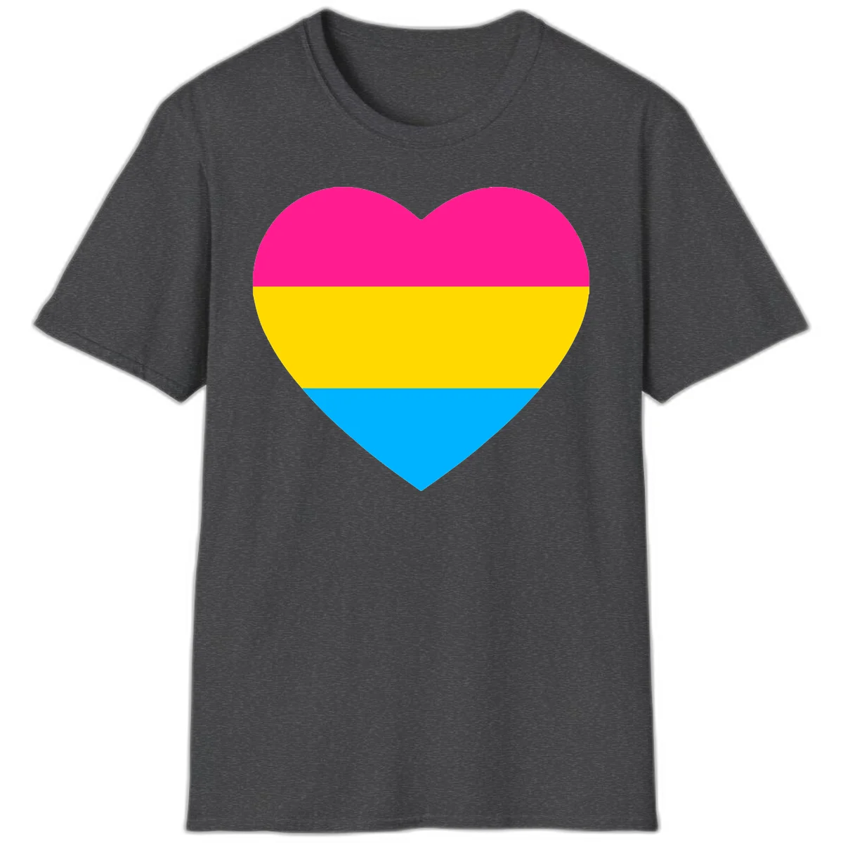 Pansexual pride heart with magenta, yellow, and cyan horizontal stripes on gray background in Dark Heather
