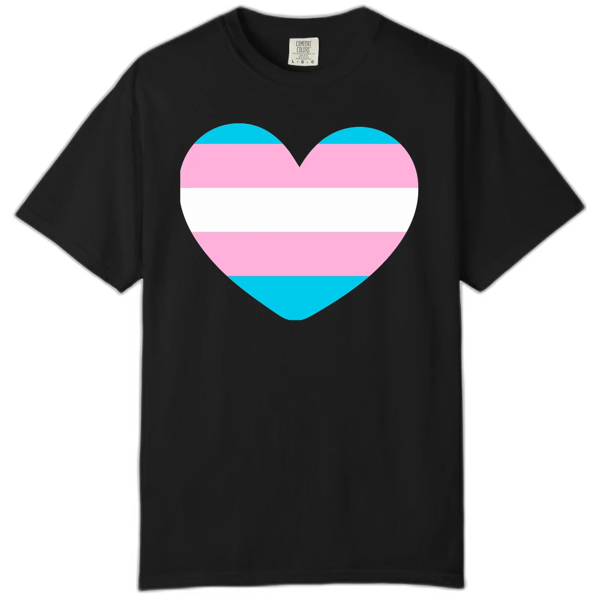 Large heart shape with horizontal stripes in cyan, pink, and white representing the transgender pride flag in Black