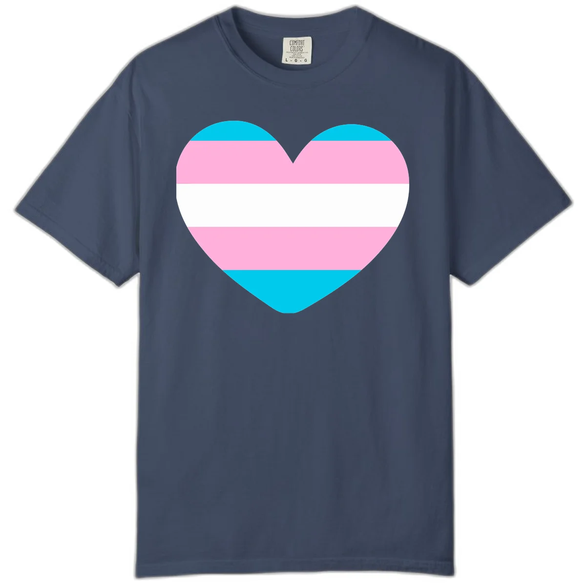 Large heart shape with horizontal stripes in cyan, pink, and white representing the transgender pride flag in Midnight