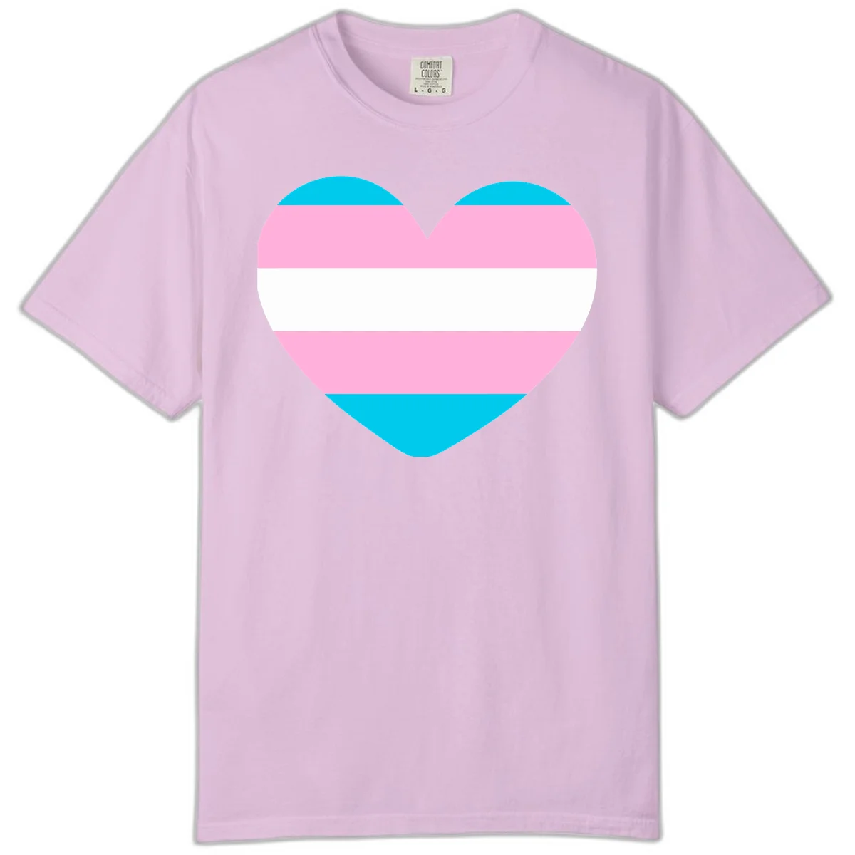 Large heart shape with horizontal stripes in cyan, pink, and white representing the transgender pride flag in Orchid