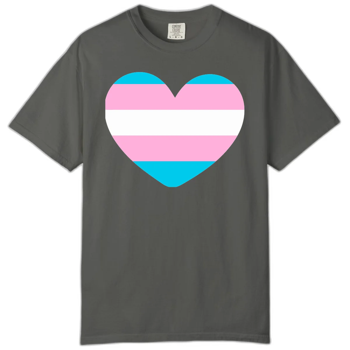 Large heart shape with horizontal stripes in cyan, pink, and white representing the transgender pride flag in Pepper