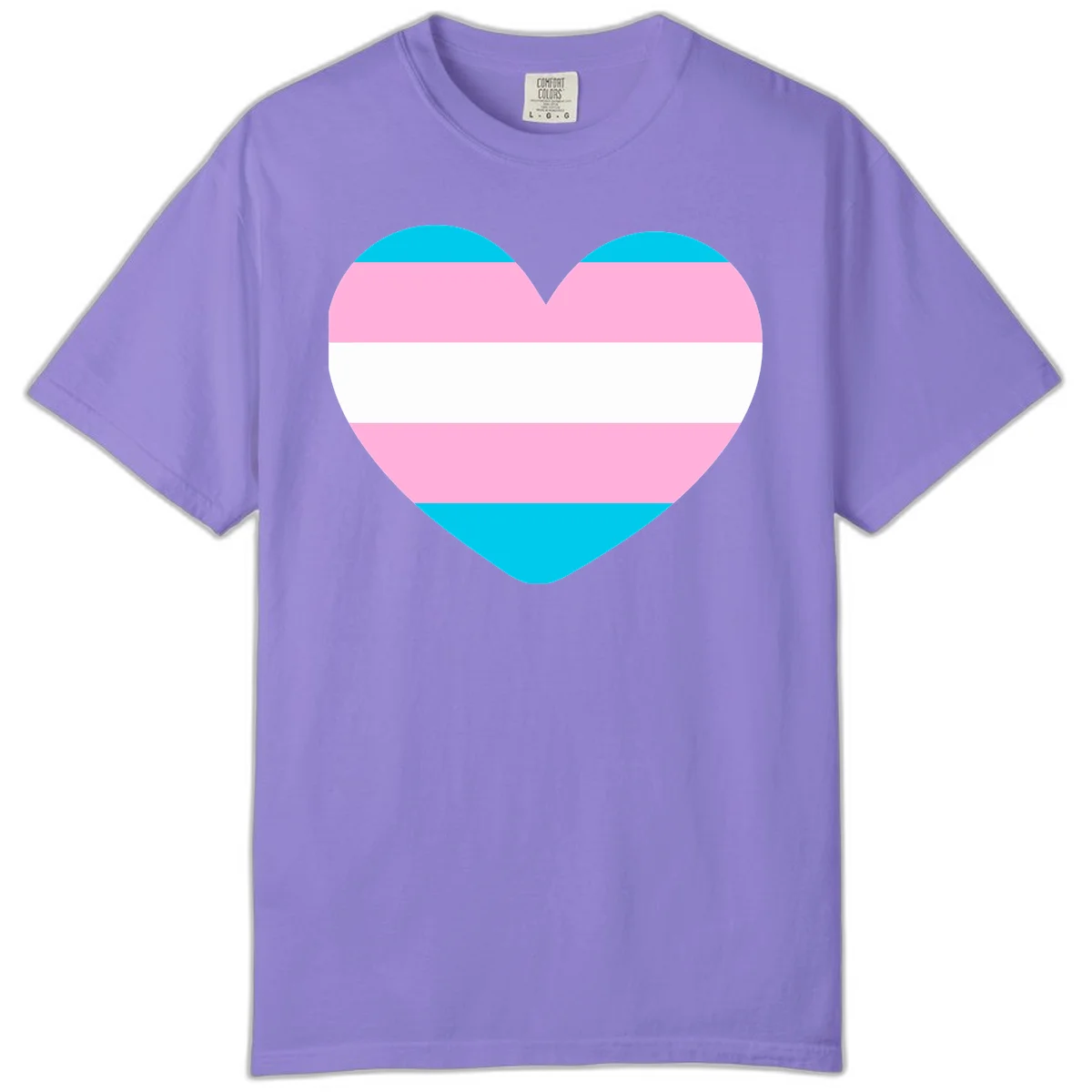 Large heart shape with horizontal stripes in cyan, pink, and white representing the transgender pride flag in Violet