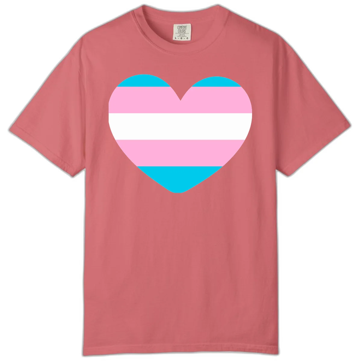 Large heart shape with horizontal stripes in cyan, pink, and white representing the transgender pride flag in Watermelon