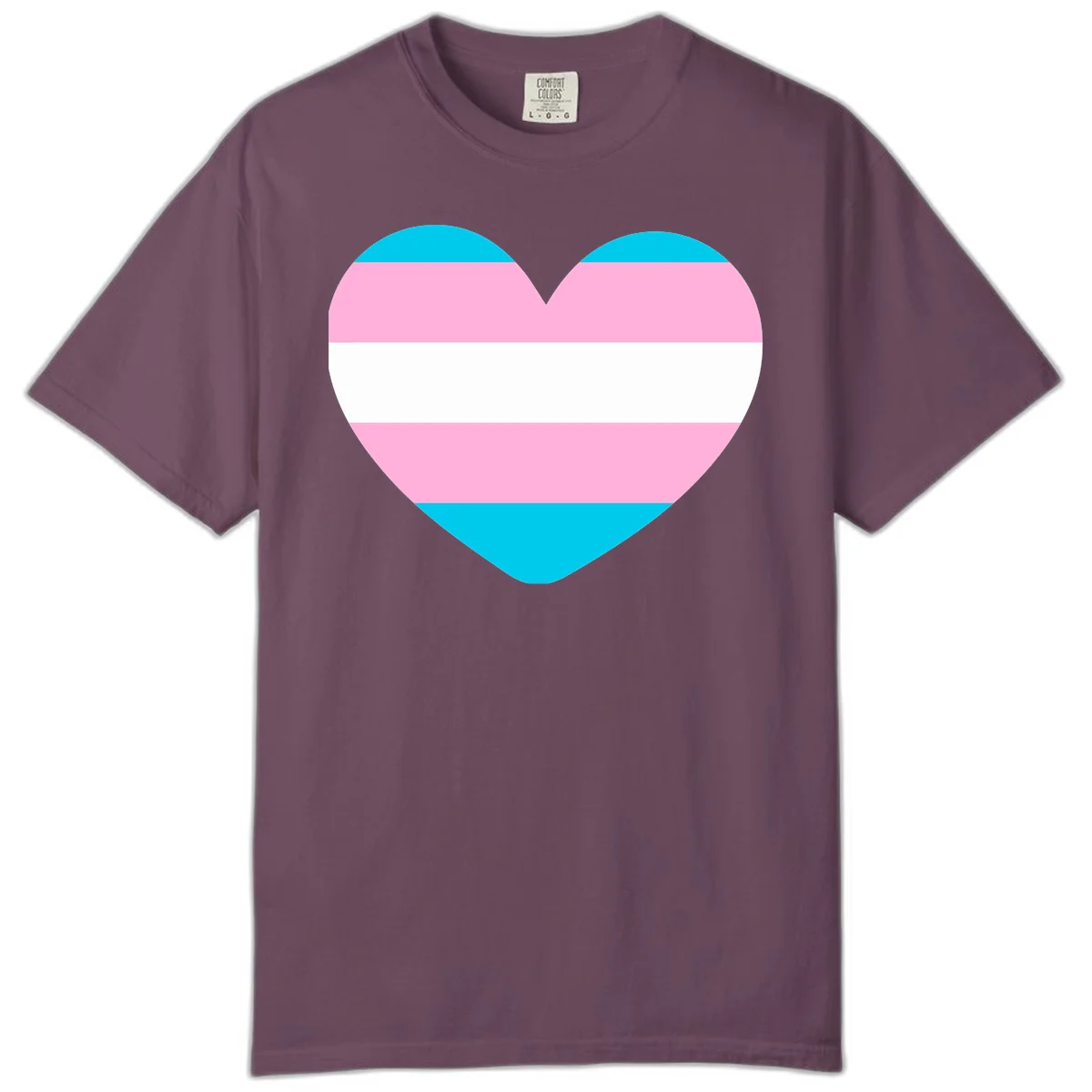 Large heart shape with horizontal stripes in cyan, pink, and white representing the transgender pride flag in Berry