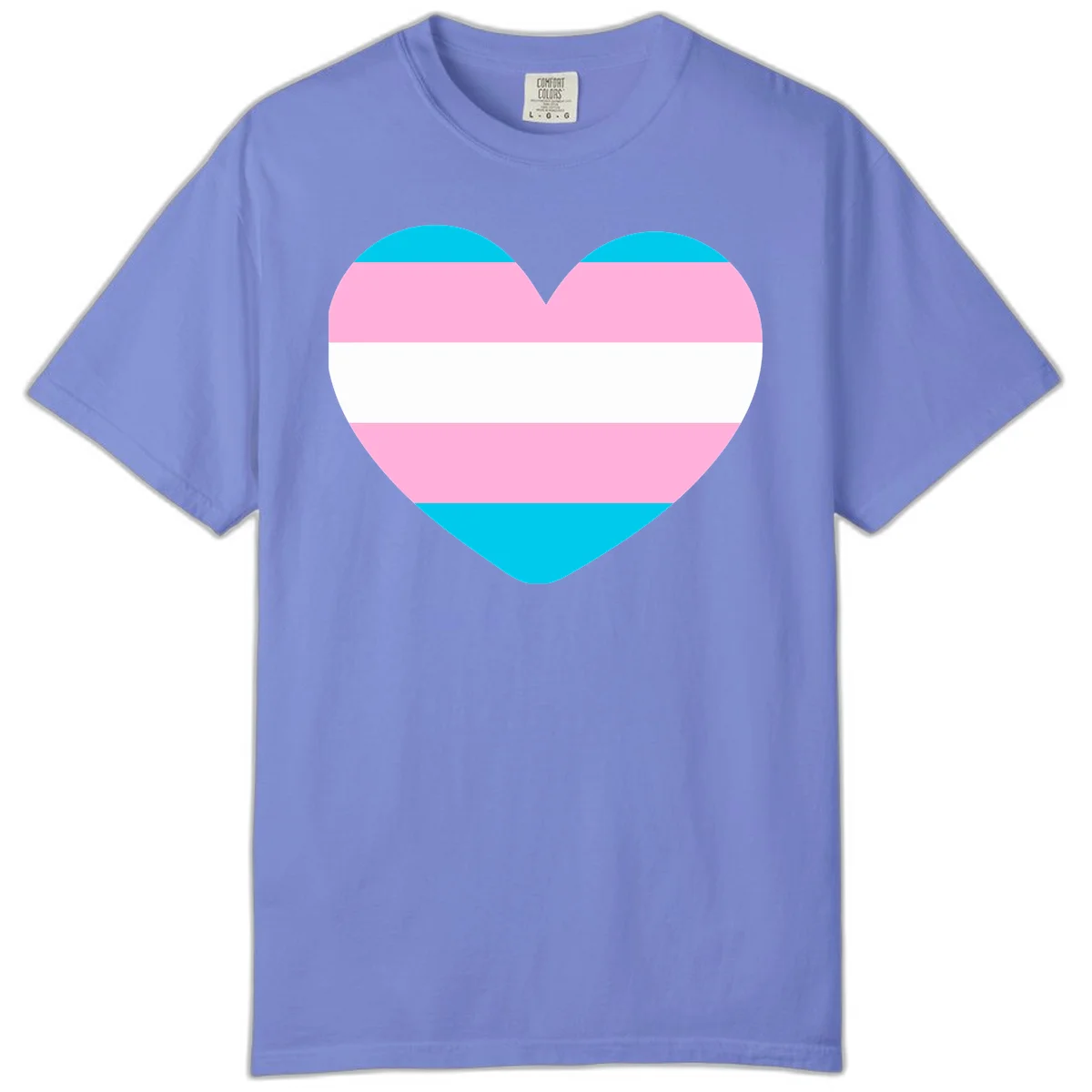 Large heart shape with horizontal stripes in cyan, pink, and white representing the transgender pride flag in Flo Blue