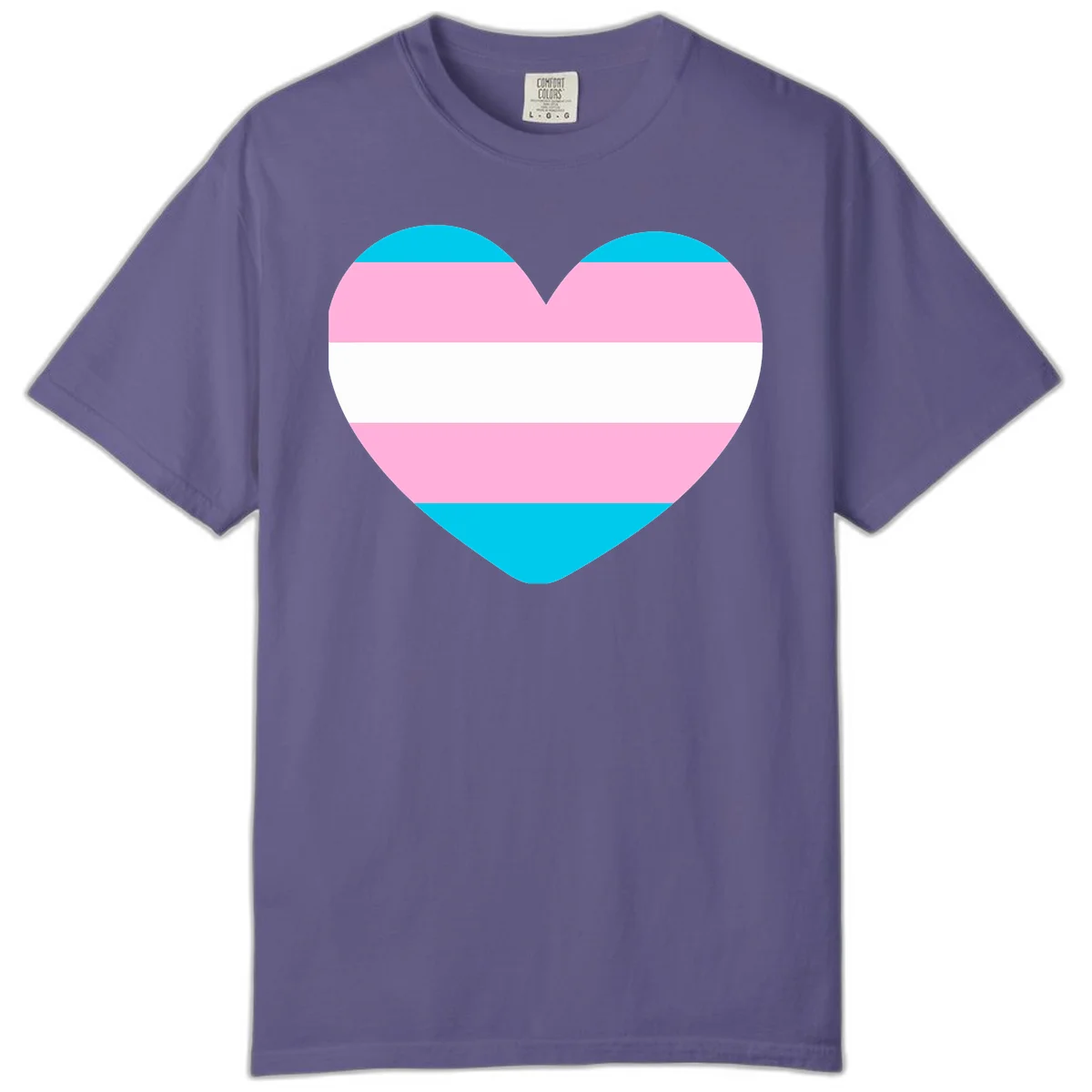 Large heart shape with horizontal stripes in cyan, pink, and white representing the transgender pride flag in Grape