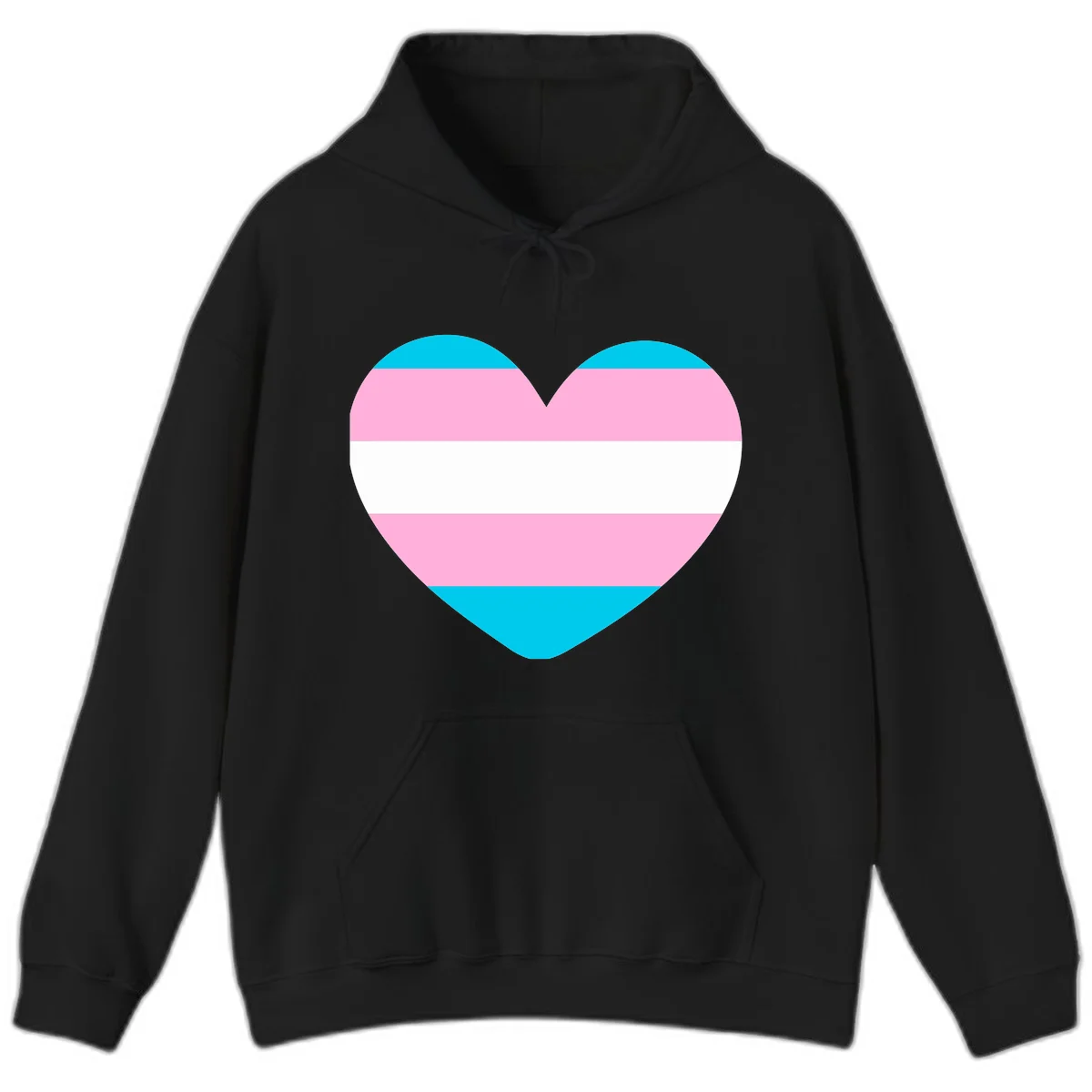 Large heart shape with horizontal stripes in cyan, pink, and white representing the transgender pride flag in Black