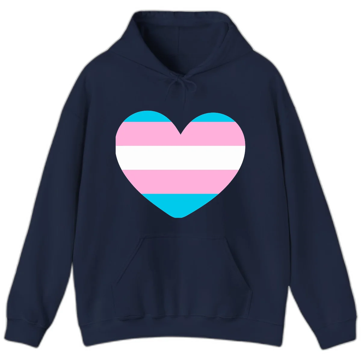 Large heart shape with horizontal stripes in cyan, pink, and white representing the transgender pride flag in Navy