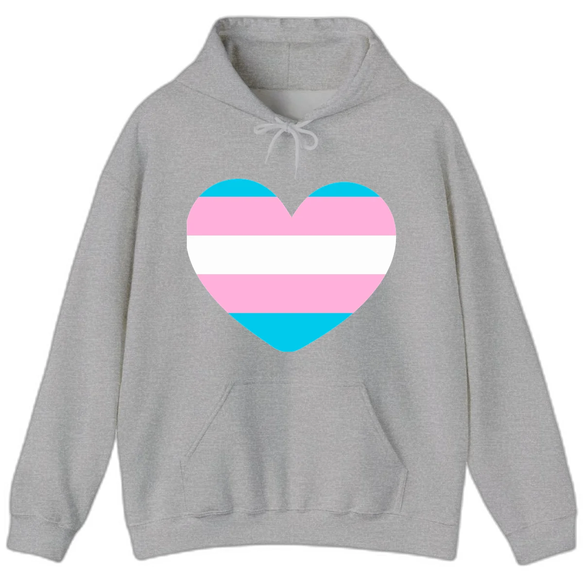 Large heart shape with horizontal stripes in cyan, pink, and white representing the transgender pride flag in Sport Grey