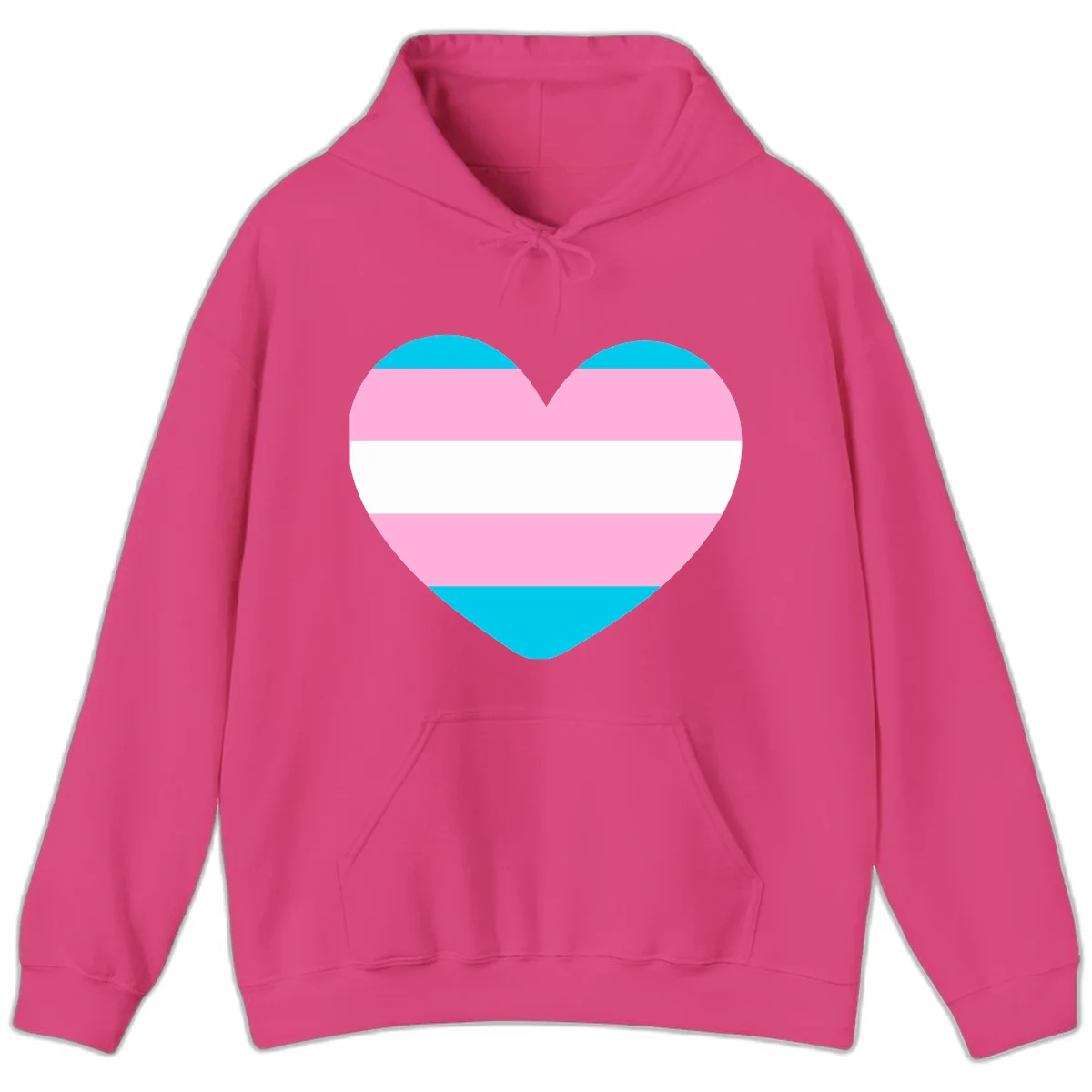 Large heart shape with horizontal stripes in cyan, pink, and white representing the transgender pride flag in Heliconia
