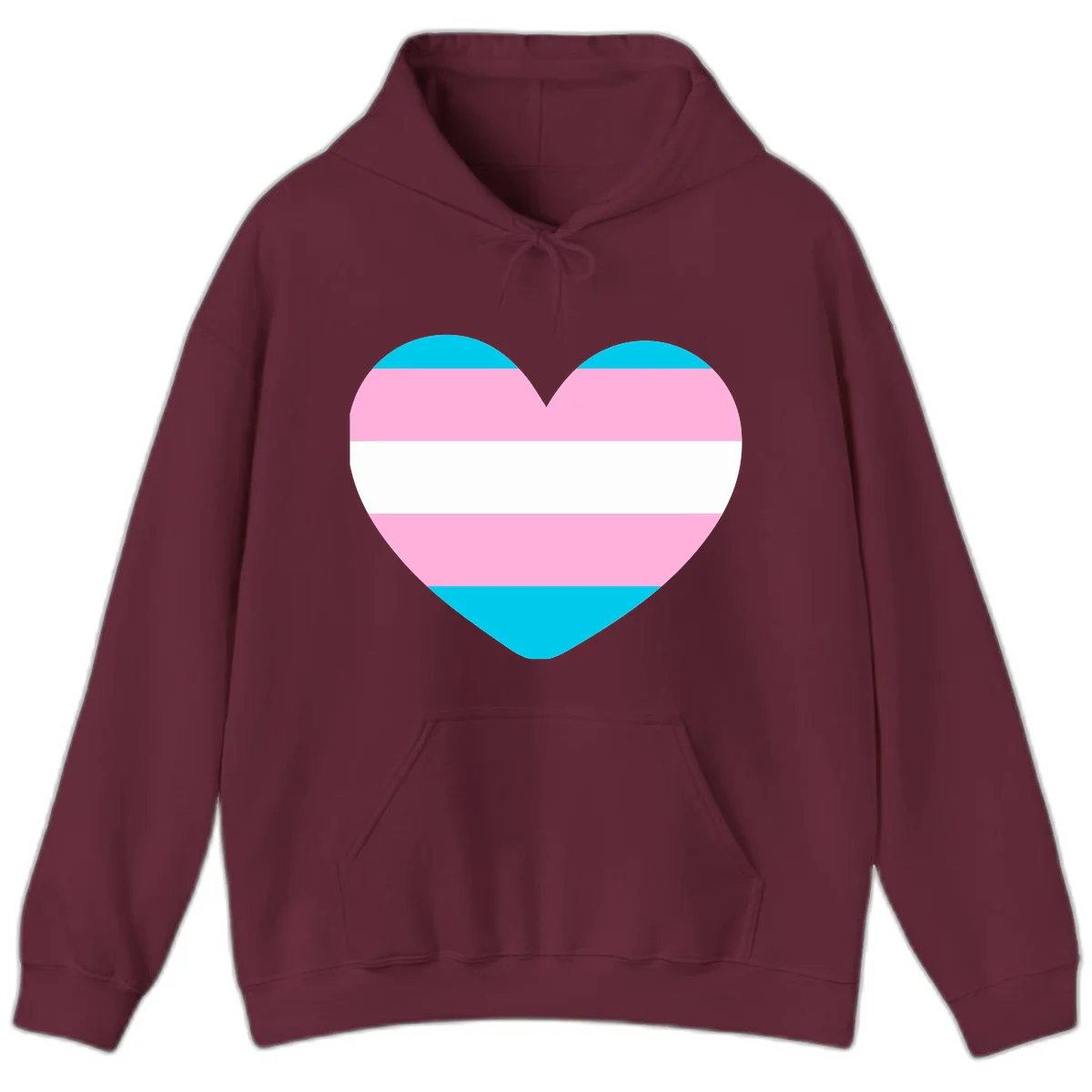 Large heart shape with horizontal stripes in cyan, pink, and white representing the transgender pride flag in Maroon