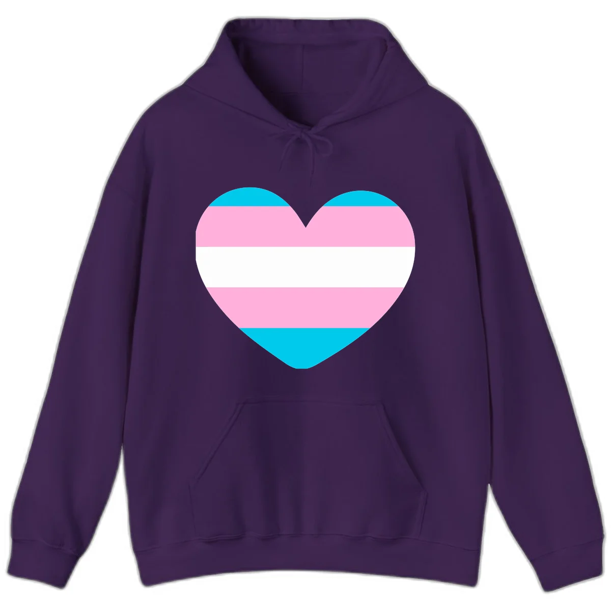 Large heart shape with horizontal stripes in cyan, pink, and white representing the transgender pride flag in Purple