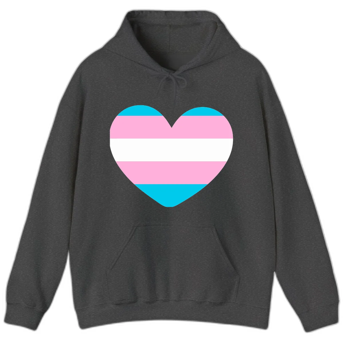 Large heart shape with horizontal stripes in cyan, pink, and white representing the transgender pride flag in Dark Heather