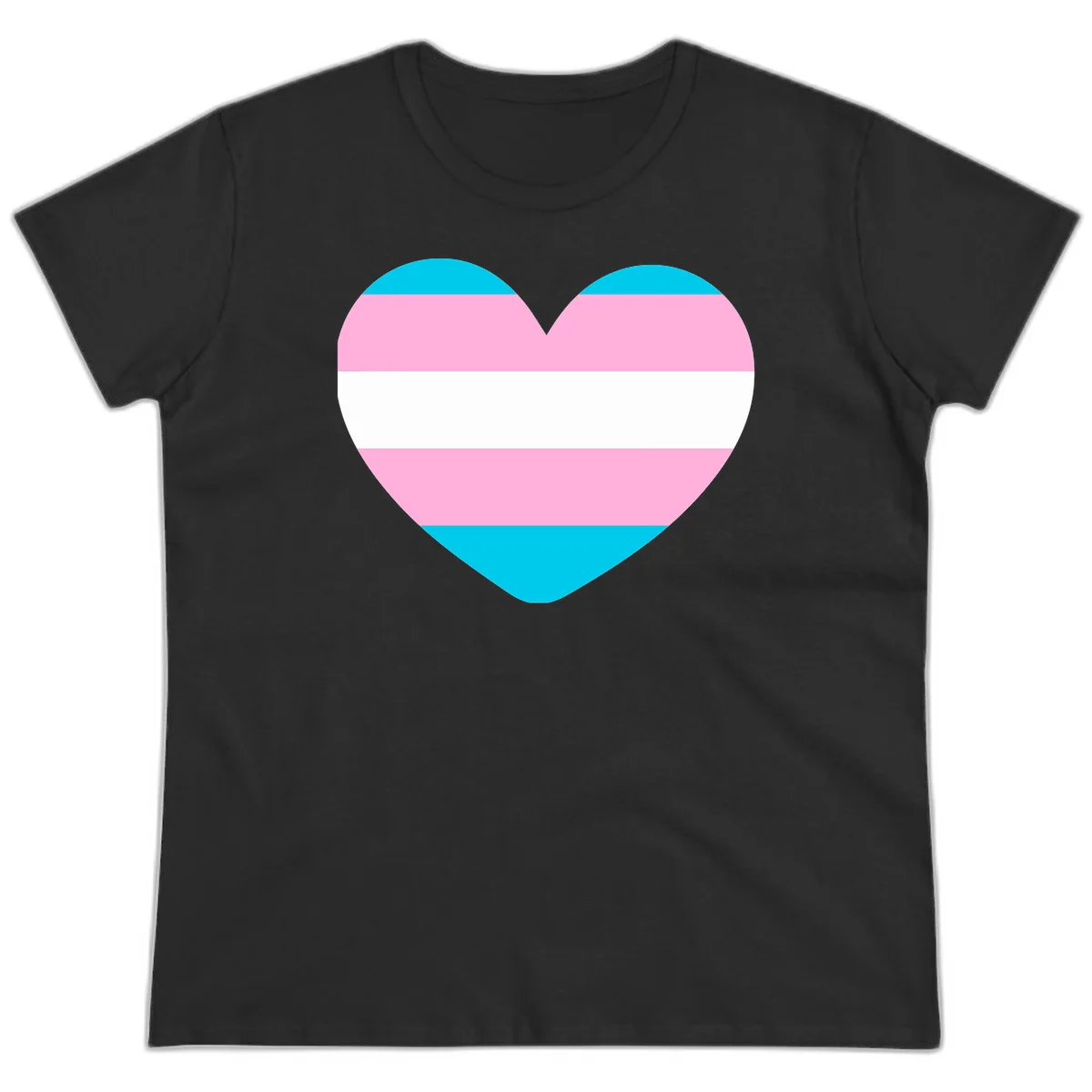 Large heart shape with horizontal stripes in cyan, pink, and white representing the transgender pride flag in Black