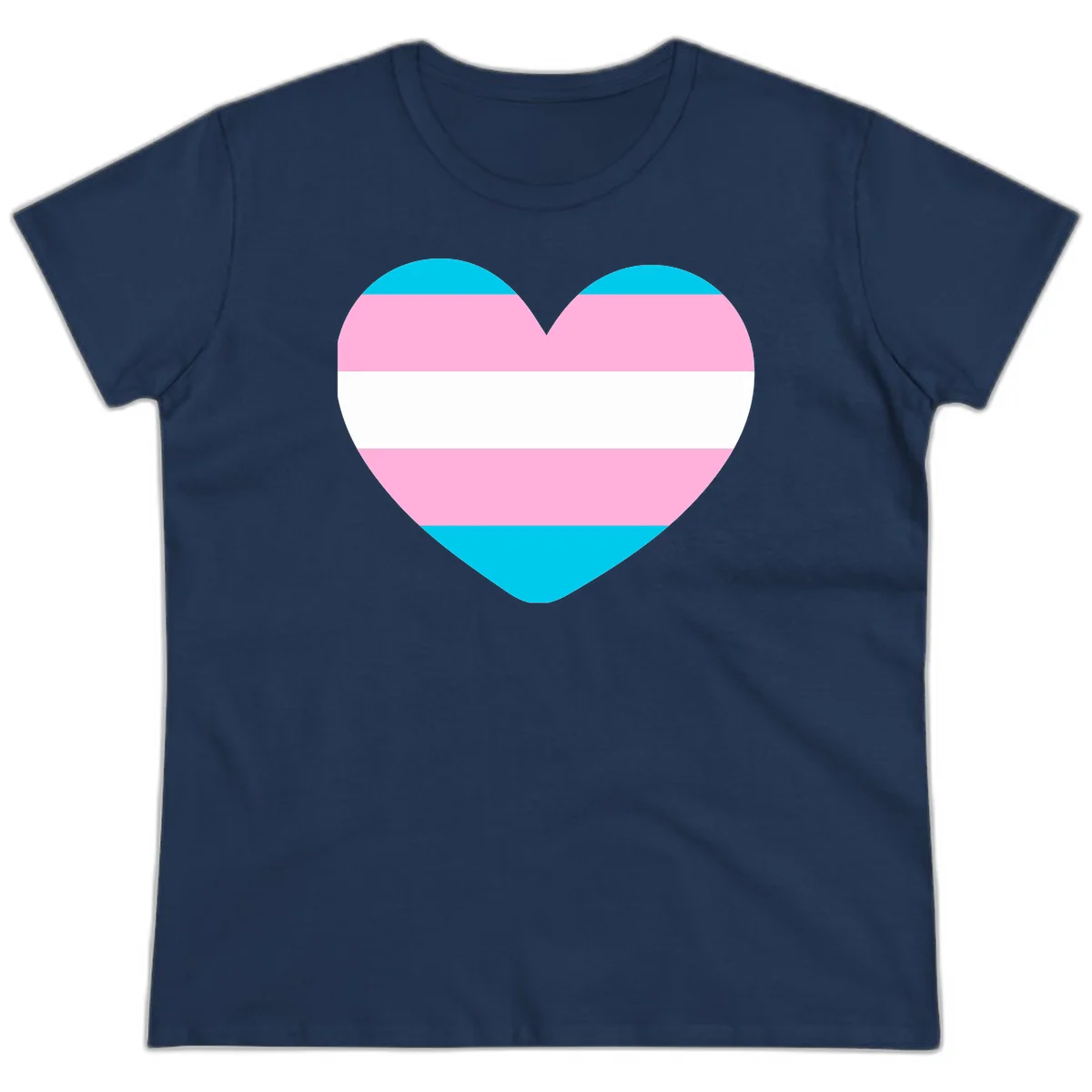 Large heart shape with horizontal stripes in cyan, pink, and white representing the transgender pride flag in Navy