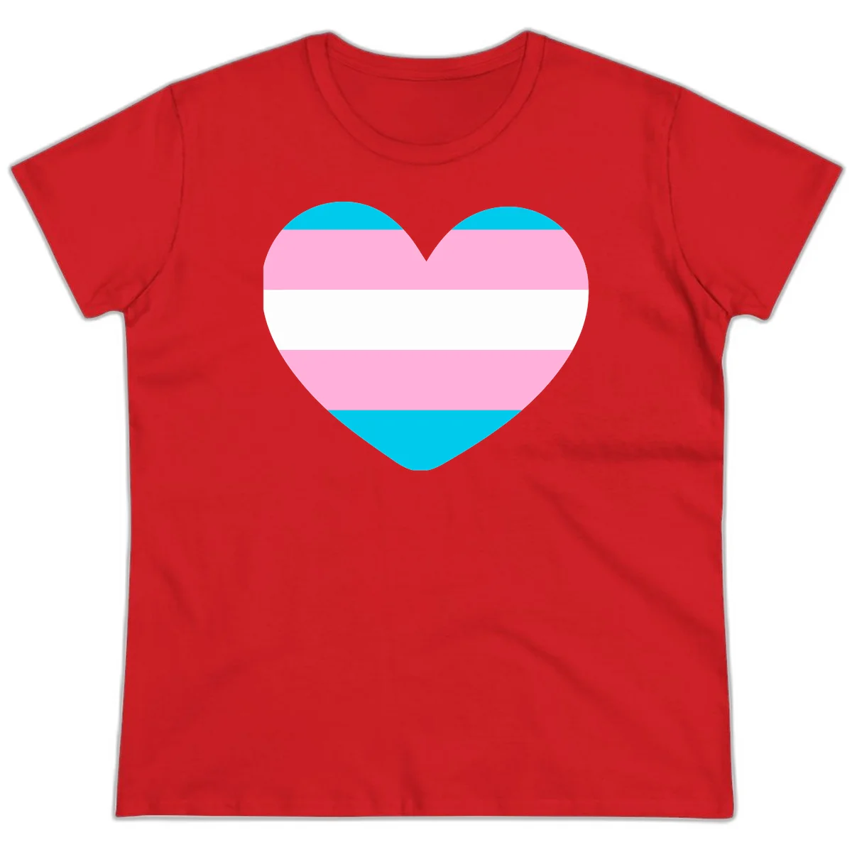 Large heart shape with horizontal stripes in cyan, pink, and white representing the transgender pride flag in Red