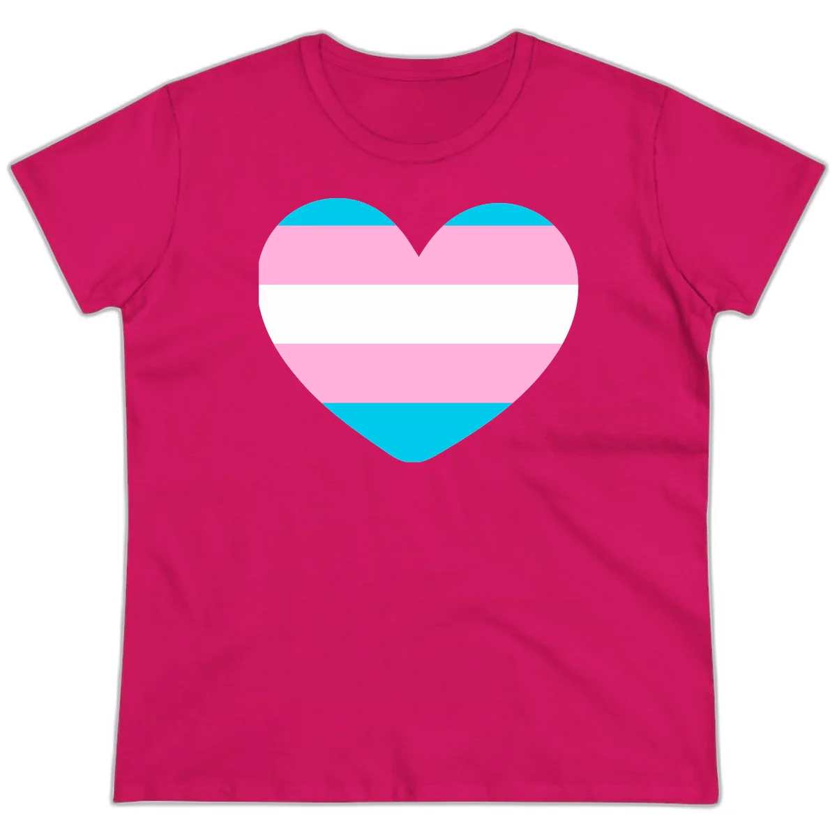 Large heart shape with horizontal stripes in cyan, pink, and white representing the transgender pride flag in Heliconia