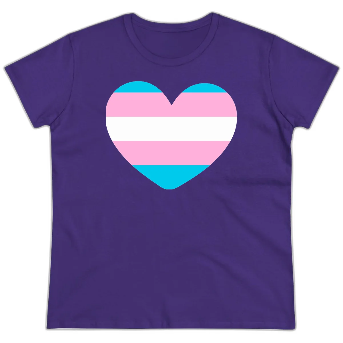 Large heart shape with horizontal stripes in cyan, pink, and white representing the transgender pride flag in Purple