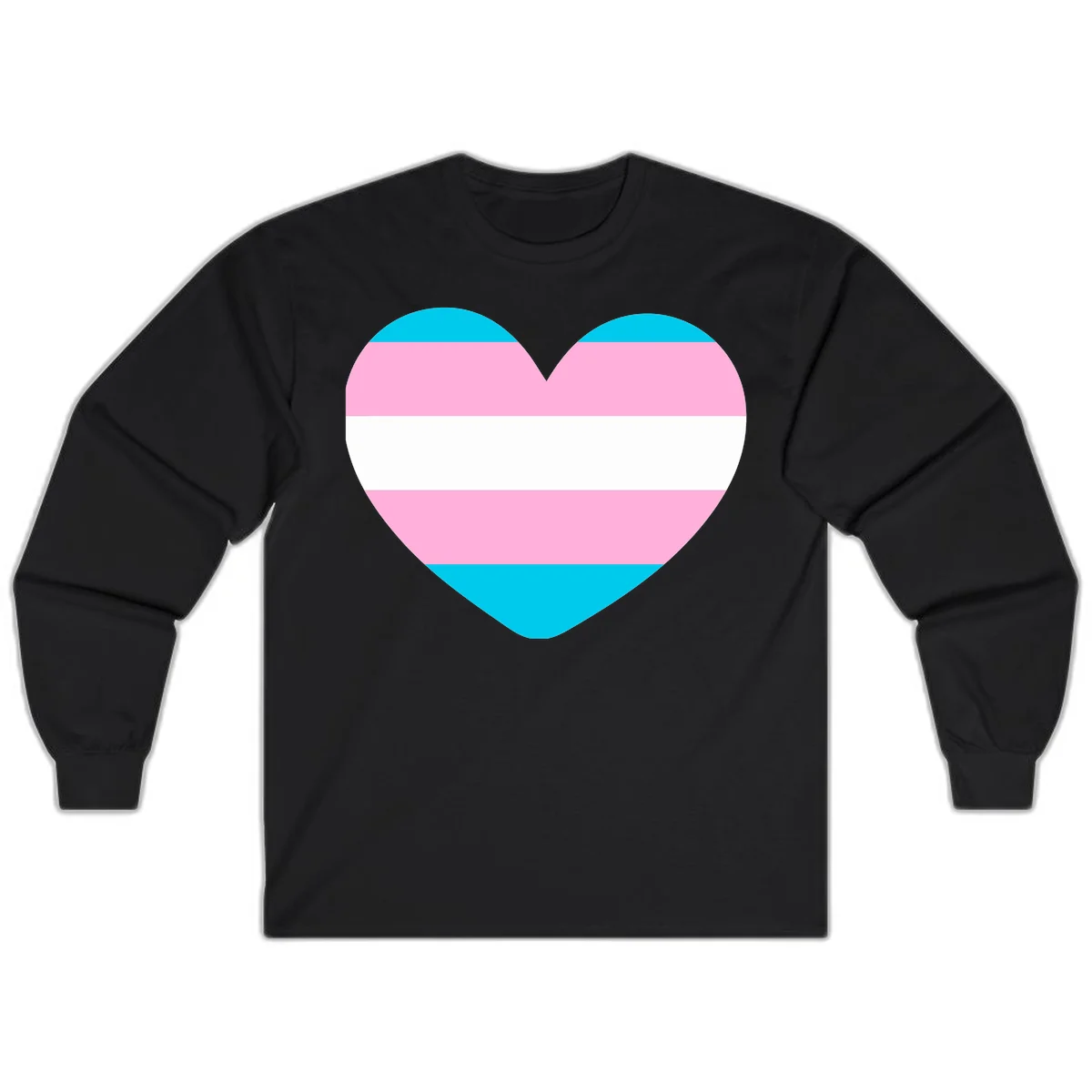 Large heart shape with horizontal stripes in cyan, pink, and white representing the transgender pride flag in Black