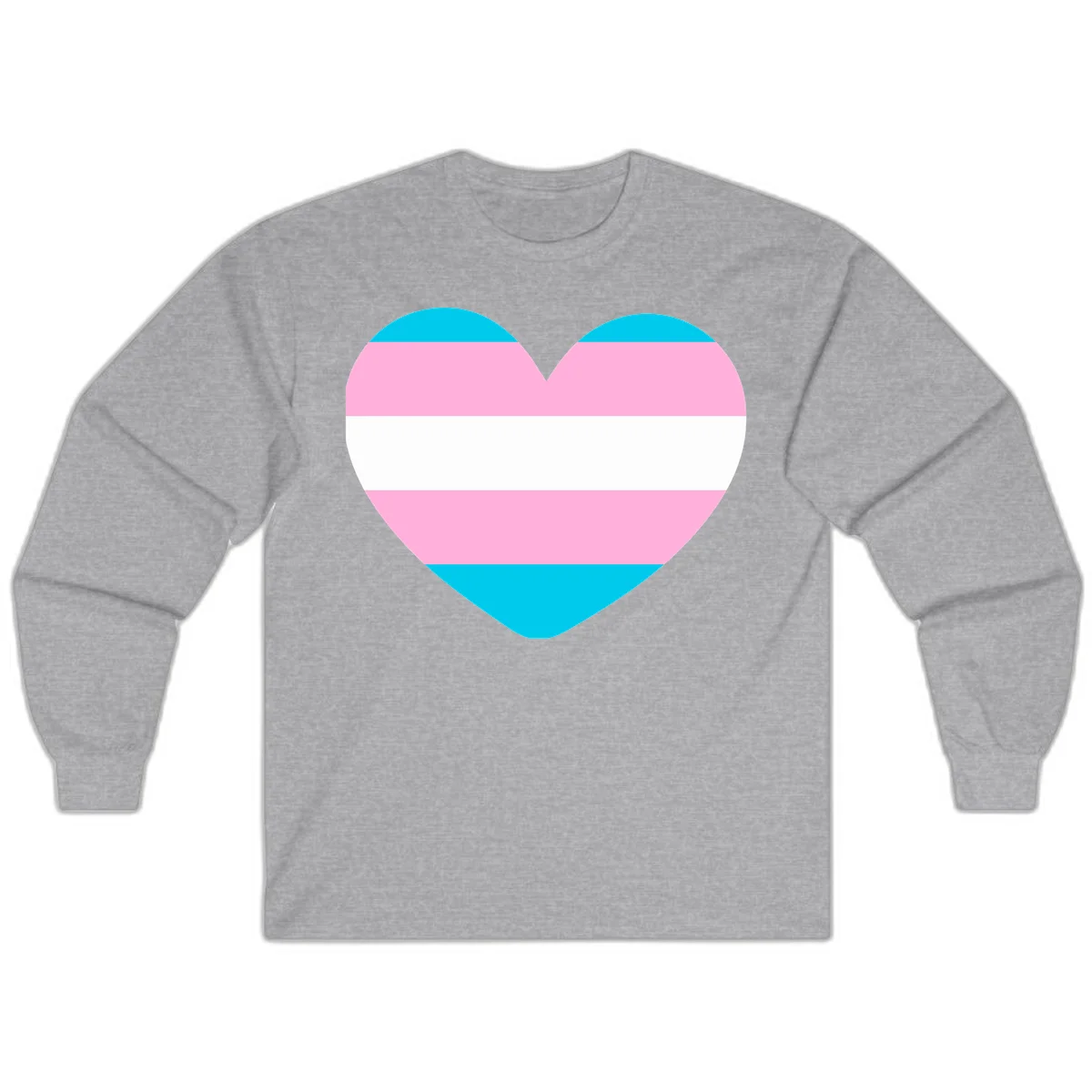 Large heart shape with horizontal stripes in cyan, pink, and white representing the transgender pride flag in Sport Grey