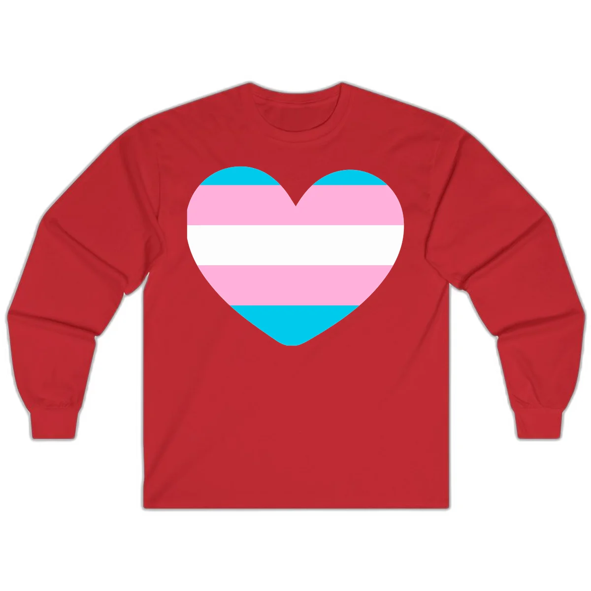 Large heart shape with horizontal stripes in cyan, pink, and white representing the transgender pride flag in Red