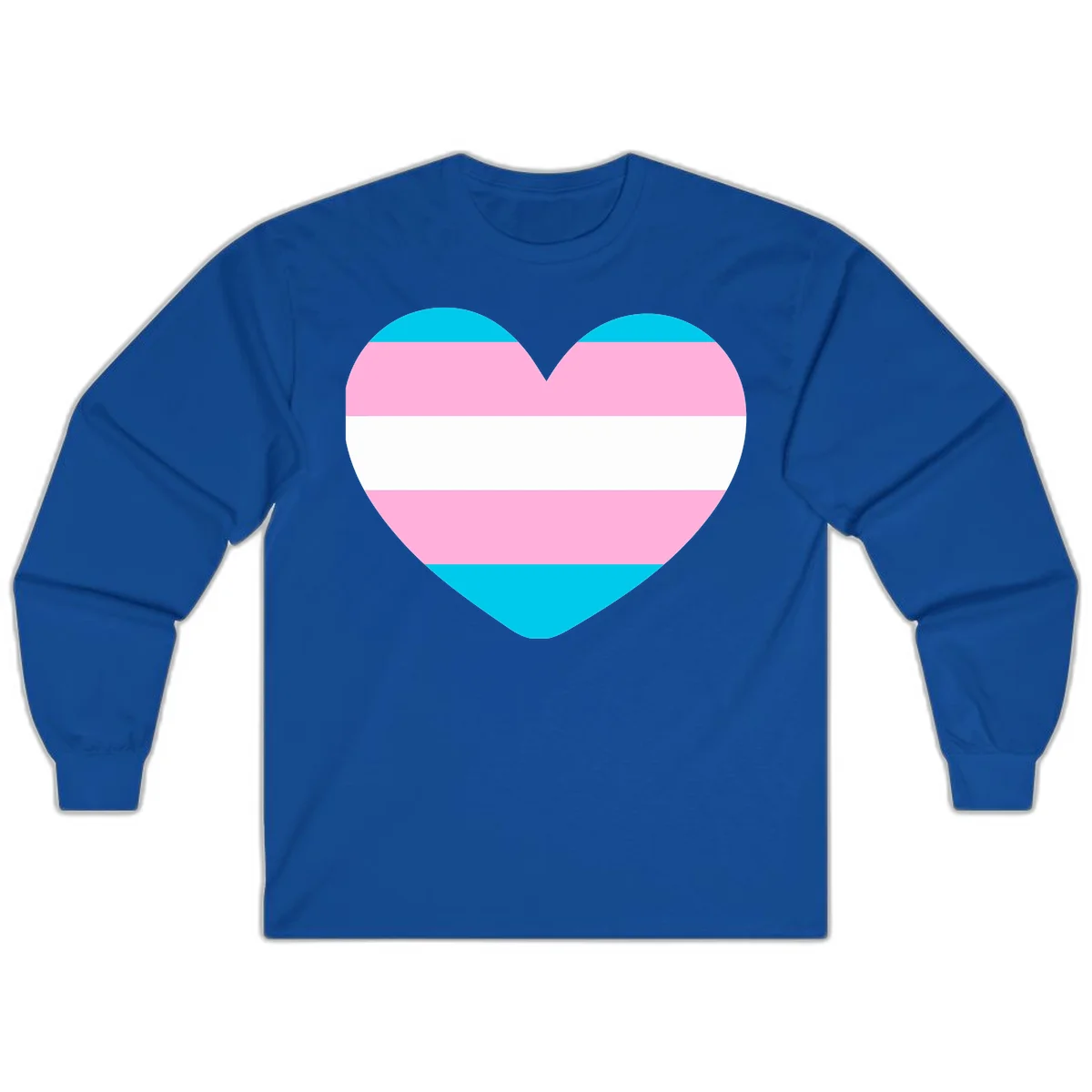 Large heart shape with horizontal stripes in cyan, pink, and white representing the transgender pride flag in Royal