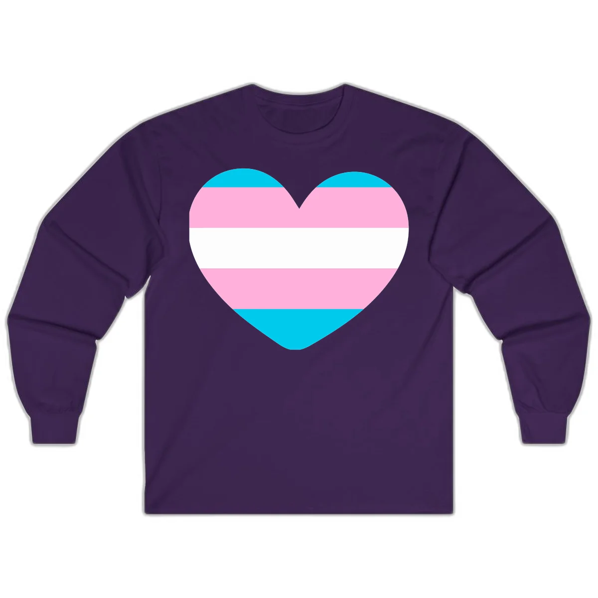 Large heart shape with horizontal stripes in cyan, pink, and white representing the transgender pride flag in Purple