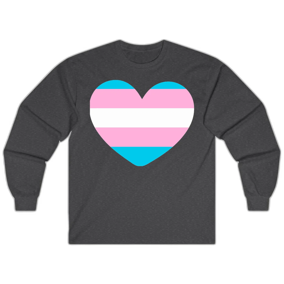 Large heart shape with horizontal stripes in cyan, pink, and white representing the transgender pride flag in Dark Heather