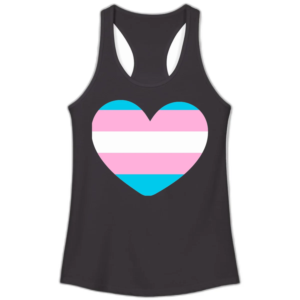 Large heart shape with horizontal stripes in cyan, pink, and white representing the transgender pride flag in Black