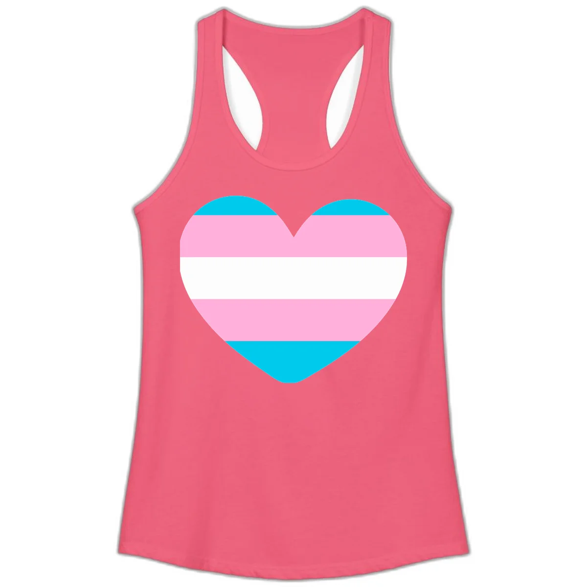 Large heart shape with horizontal stripes in cyan, pink, and white representing the transgender pride flag in Hot Pink